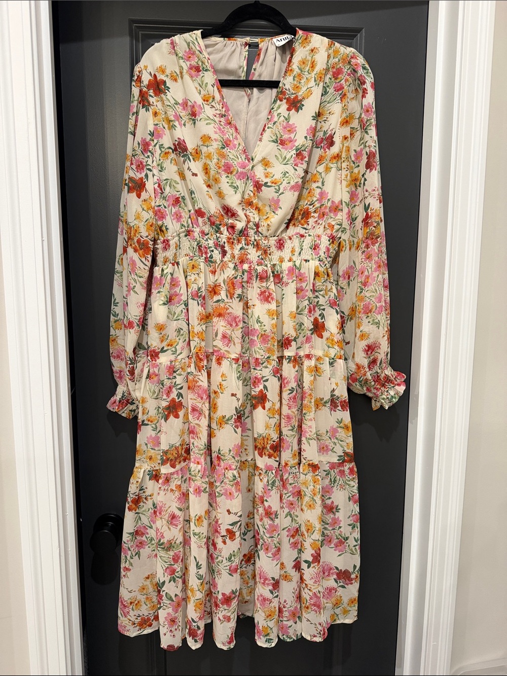 ARULA Floral Cream Tiered Long Sleeve Dress